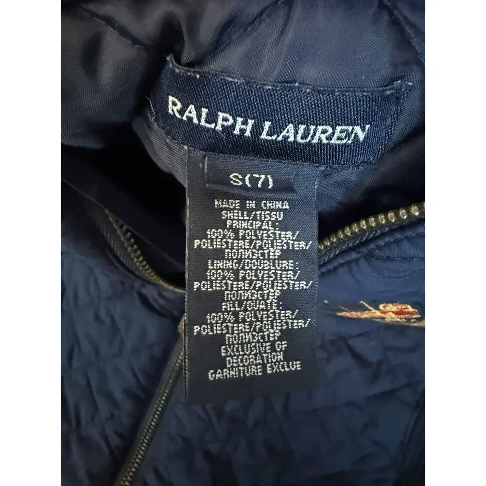 Ralph Lauren Kids Girls Quilted Navy Crest Vest Jacket Zip Pockets Sz 7 Logo